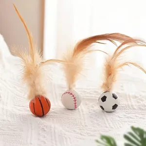 Interactive Cat Toy Bouncy Ball With Feather Elastic Silicone Sports Ball Patterns Basketball Football Pet Interactive Self-Hi Toy