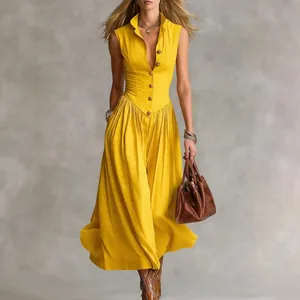 Elegante gele mouwloze maxi-jurk in Franse stijl met knoopsluiting voor damesmode kleding