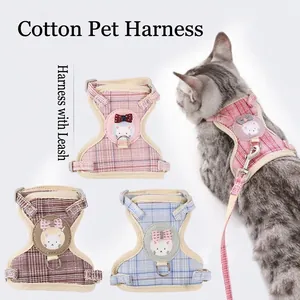 Cartoon Plaid Pet Cat Harness And Leash Set Breathable Polyester Cotton Blend I-Shape Anti-Escape Walking Rope For Small Dogs Cats Pink Blue