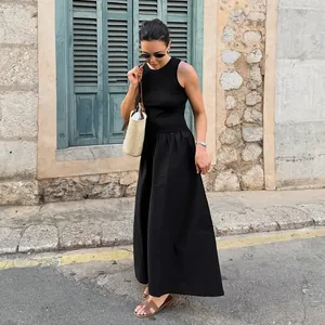 Elegant vintage Hepburn style black knit sleeveless maxi dress for spring street fashion