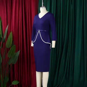 Elegant navy blue long-sleeve peplum pencil dress with white piping detail
