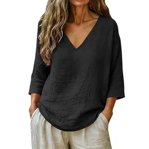 Camiseta de lino negro suelta con cuello en V para mujer, top informal de verano