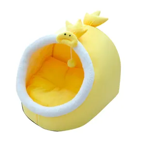 Cozy yellow cartoon chicken shaped pet bed for cats and small dogs soft plush material
