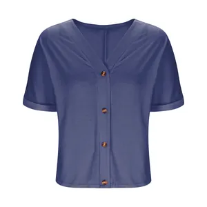 Detailed view of women's blue V-neck short sleeve button-down casual summer T-shirt