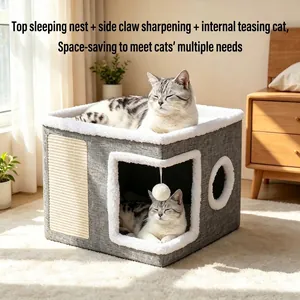 Villa Letto per Gatti Semi-Chiusa Pieghevole Con Tappetino Tiragraffi in Sisal Caldo Tessuto Peluche Casetta per Gattini Con Palla