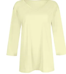Detail view of women's casual V-neck T-shirt in soft lemon yellow cotton fabric.