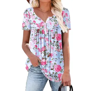Elegante blusa de talla grande para mujer con estampado floral y cuello henley corto