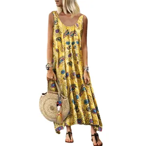 Gelbes ärmelloses Maxikleid im Bohème-Stil mit Paisley-Muster für den Strandurlaub im Sommer