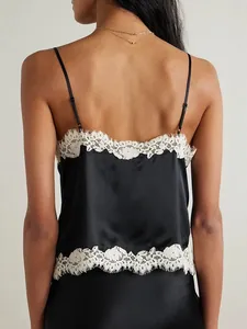 Elegant black satin camisole set featuring delicate white lace trim shown from the back view