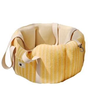 Asiento de coche de felpa a rayas para perros y gatos pequeños, cama cálida de invierno suave.