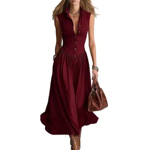 Elegante mouwloze maxi-jurk in wijnrood in Franse stijl met revers en knoopsluiting