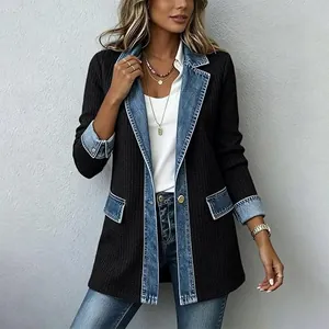 Chaqueta de punto acanalado para mujer con detalles de mezclilla y solapa