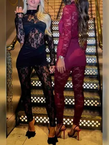 Tuta intera sexy da donna in pizzo floreale e mesh trasparente per discoteca