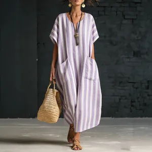Elegant bohemian purple and white striped V-neck loose midi dress with front pockets for women