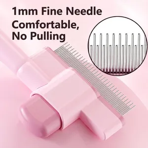 Pink cat grooming comb with 1mm fine needles for painless hair removal and massage