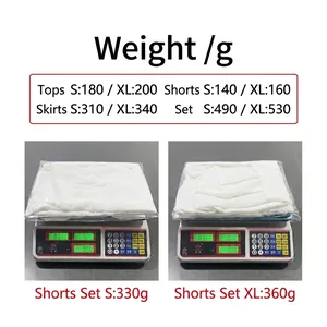 Product weight details for white women's loose top, shorts and skirt set in sizes S and XL