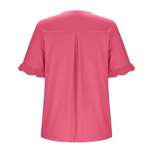 Camiseta rosa de manga corta para mujer con volantes y pliegue en la espalda