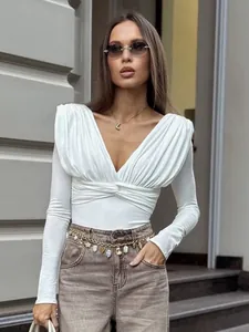 Top de Modal con Cuello en V Drapado para Mujer Otoño 2026 Camiseta de Manga Larga Ajustada Blanco Conmutador Diseño
