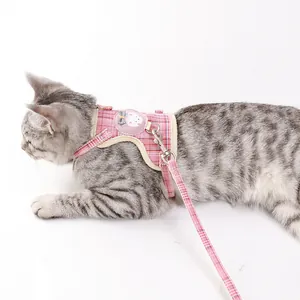 Pink plaid cotton escape-proof cat harness and leash set with cute cartoon cat decoration
