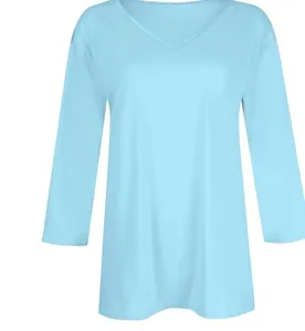 Light blue women's casual V-neck t-shirt with 3/4 sleeves in soft cotton fabric.