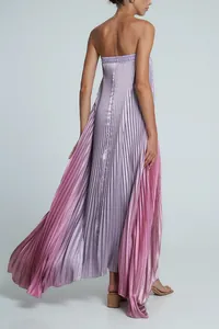 Vue arrière d'une robe longue plissée bustier élégante avec dégradé lilas et rose