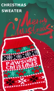Festive red and green knit Christmas dog sweater with snowflake patterns