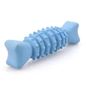 Close-up of blue TPR fishbone dog chew toy featuring textured massage nubs for teething