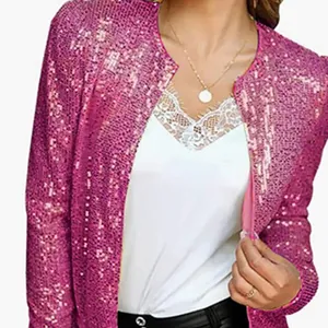 Fashionable pink sequined short jacket for women featuring a stylish stand collar.