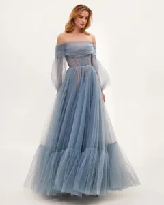Full view of the off-the-shoulder dusty blue tulle evening gown with long sleeves.