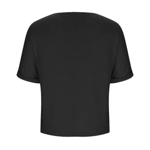 Back view of a minimalist black loose-fitting women's short-sleeved cotton T-shirt