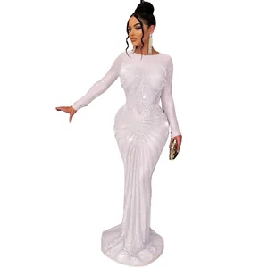 Full view of elegant white floor-length evening dress with shimmering rhinestones