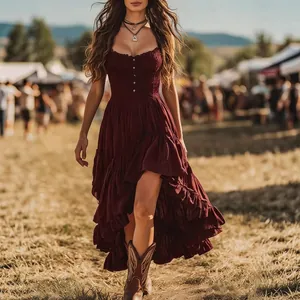 Vestido largo bohemio burdeos para festivales con dobladillo irregular de volantes