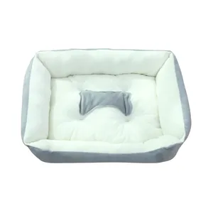 Soft rectangular pet bed with bone-shaped pillow in grey and white color