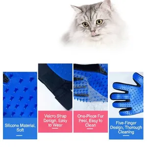 Guante de silicona azul para el aseo de mascotas, depilación y masaje, diseño 5 dedos