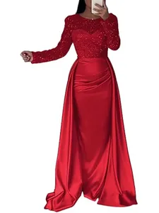 Elegant red long-sleeved evening gown with sequined bodice and floor-length satin skirt