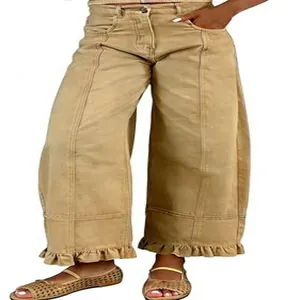 Vintage distressed khaki wide-leg denim pants with ruffle hem and Y2K stitching