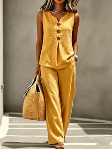 Women's v-neck button sleeveless yellow linen vest and wide-leg trousers two-piece set