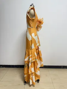 Side silhouette of a French vintage one-shoulder floral maxi dress with elegant tiered ruffles