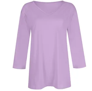 Detail showing the lavender V-neckline and smooth fabric of this women's T-shirt