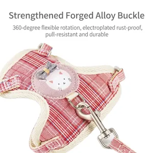 Adjustable plaid cat harness with cute cat patch and durable alloy swivel clasp