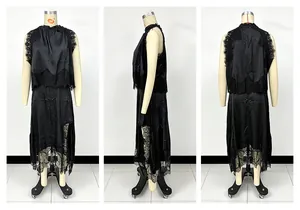 Front, side, and back views of a black sleeveless lace two-piece set with side slit