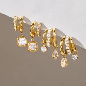 Boucles d'Oreilles Gland en Acier Inoxydable de Luxe en Forme de C pour Femmes Plaqué Or Zirconia Strass Bijoux