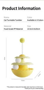 Detailed view of yellow cat tumbler toy showing dimensions of 13.5x13.5x25cm