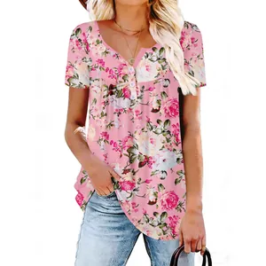 Blusa casual de verano para mujer con estampado floral rosa, manga corta y cuello en V