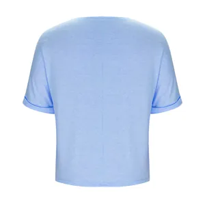 Back view of a casual loose-fit light blue short sleeve T-shirt with rolled sleeve cuffs