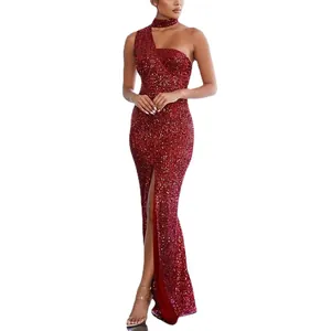Elegant red one-shoulder sequined evening gown with a high slit and bodycon mermaid fit.