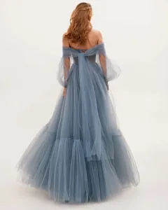 Detailed back view of an elegant off-the-shoulder mesh gown with puffy sleeves in dusty blue