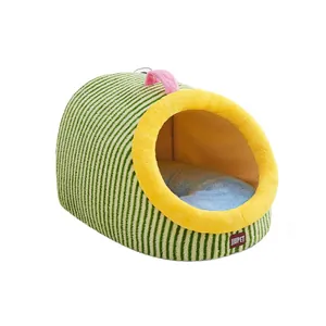 Accogliente cuccia chiusa a righe per cani piccoli e gatti con interno in morbido peluche