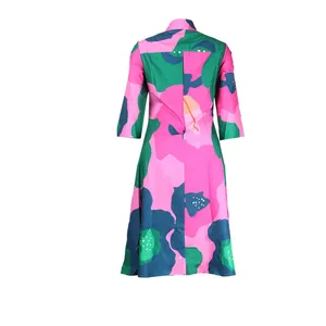 Detailed back view of colorful abstract floral print midi dress with a lapel collar