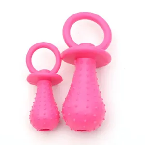 Two pink pacifier-shaped TPR pet chew toys in different sizes on white background